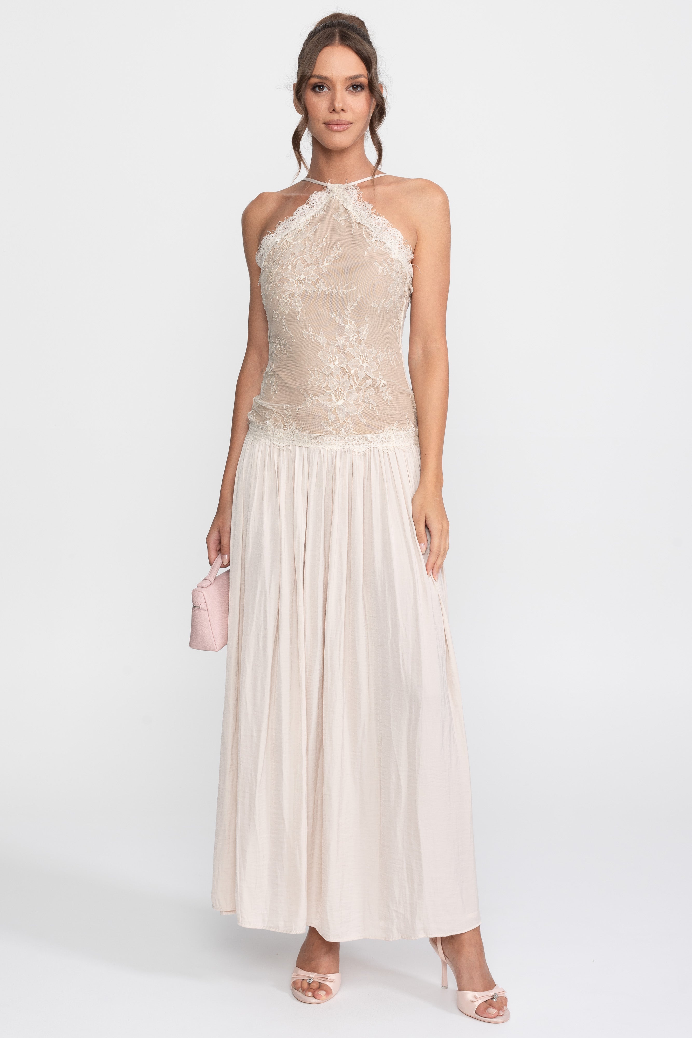 Rochie maxi fără mâneci cu halter din dantelă și fustă plisată - Cream 