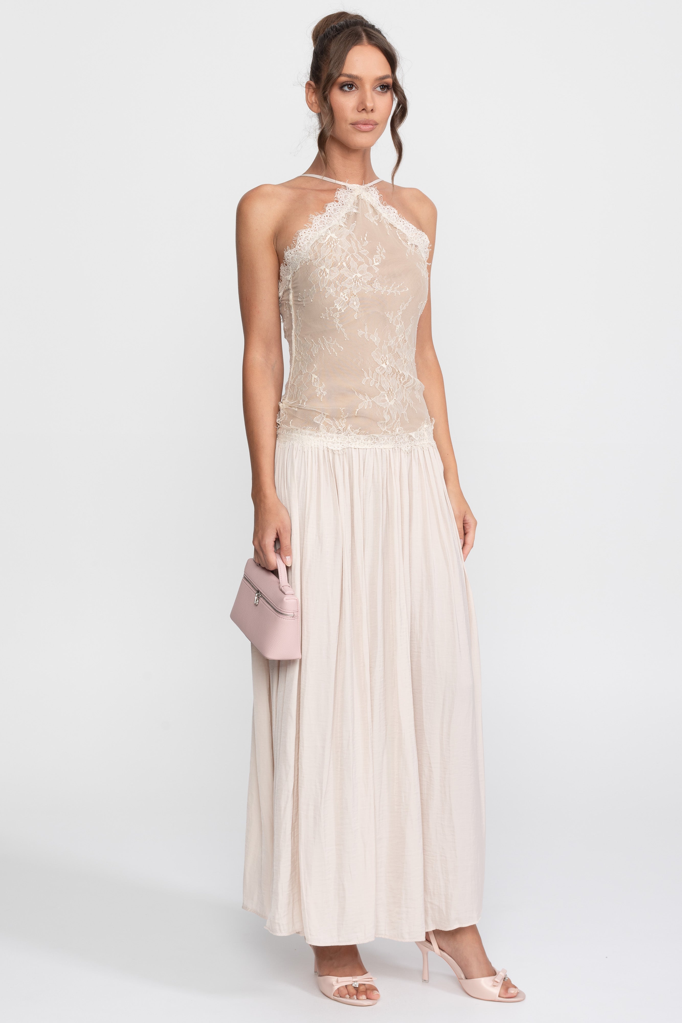 Rochie maxi fără mâneci cu halter din dantelă și fustă plisată - Cream 