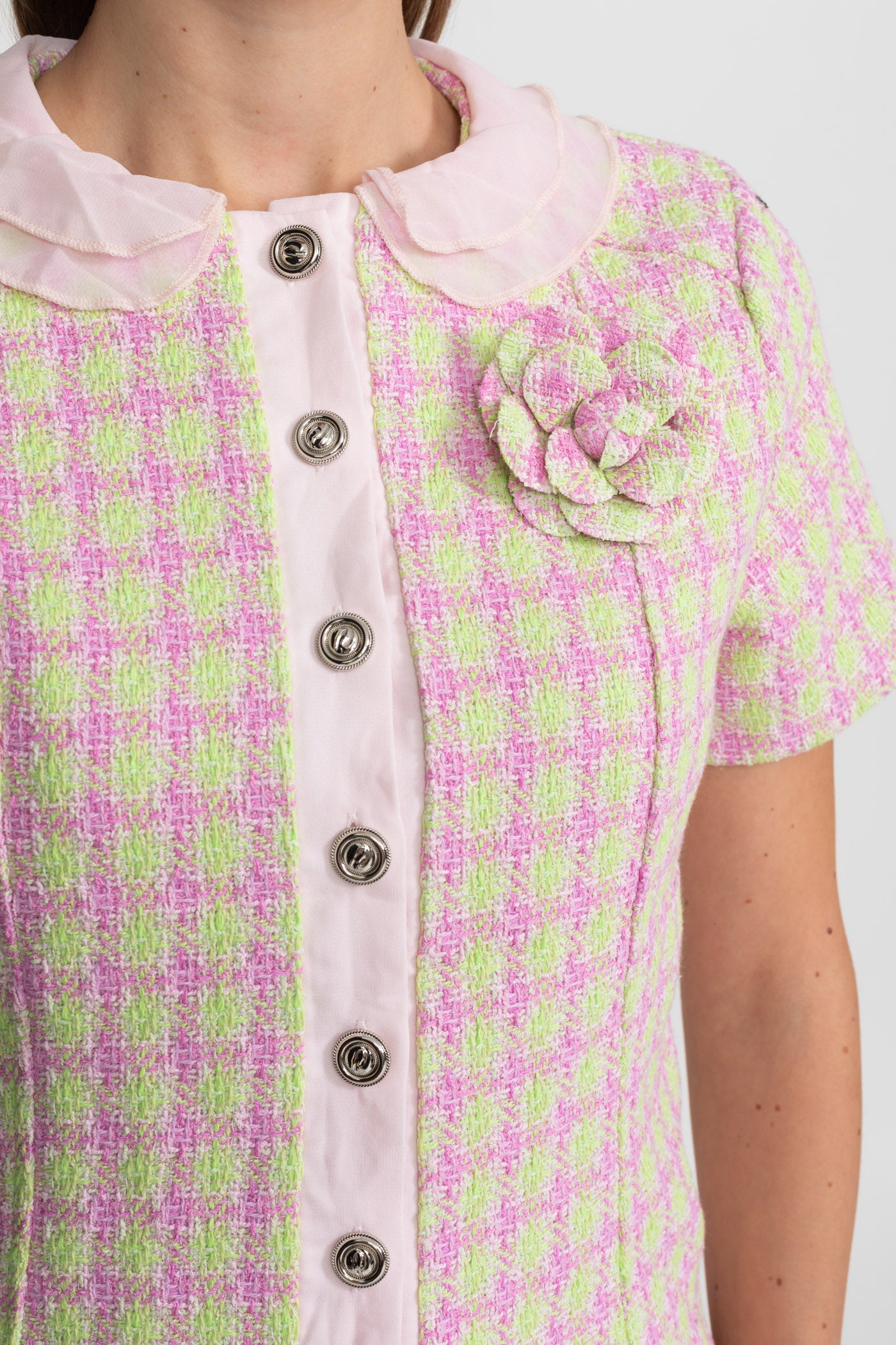 Pastel Tweed Co-ord Set With Satin Collar – Pink & Green