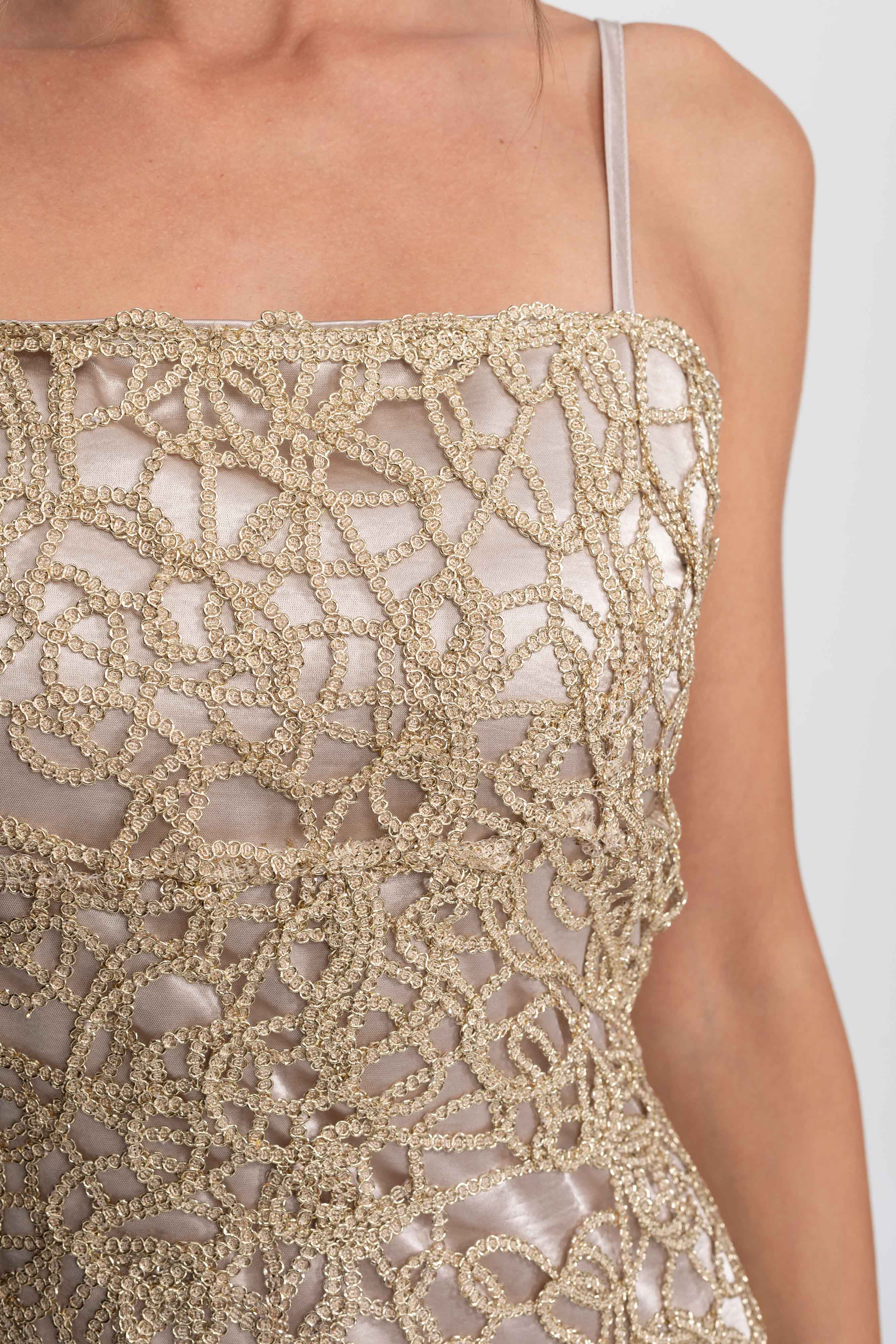 Metallic Lace Sheath Dress With Square Neck - Gold
