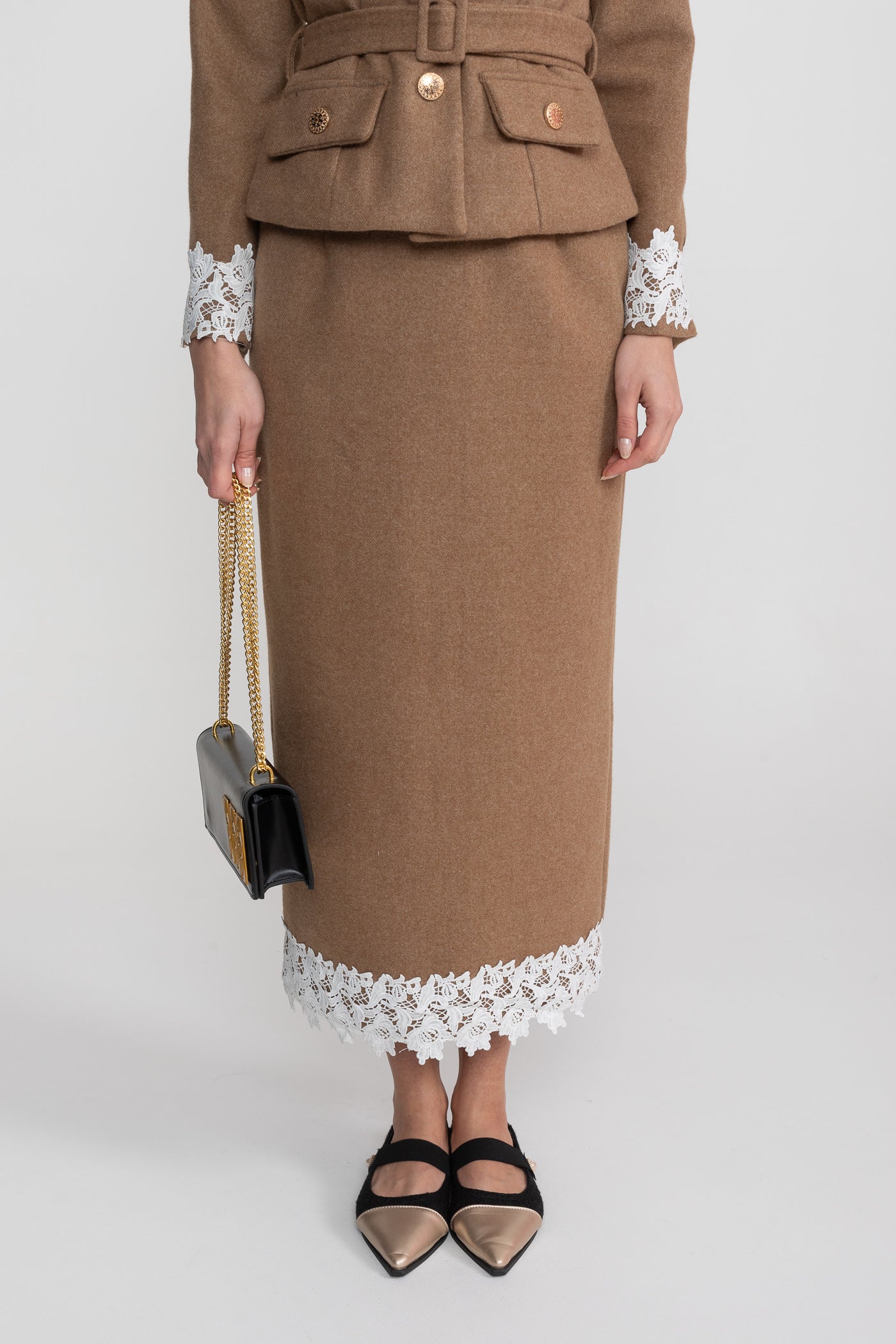 Tailored Co-Ord Set With Lace Trim Detailing - Camel