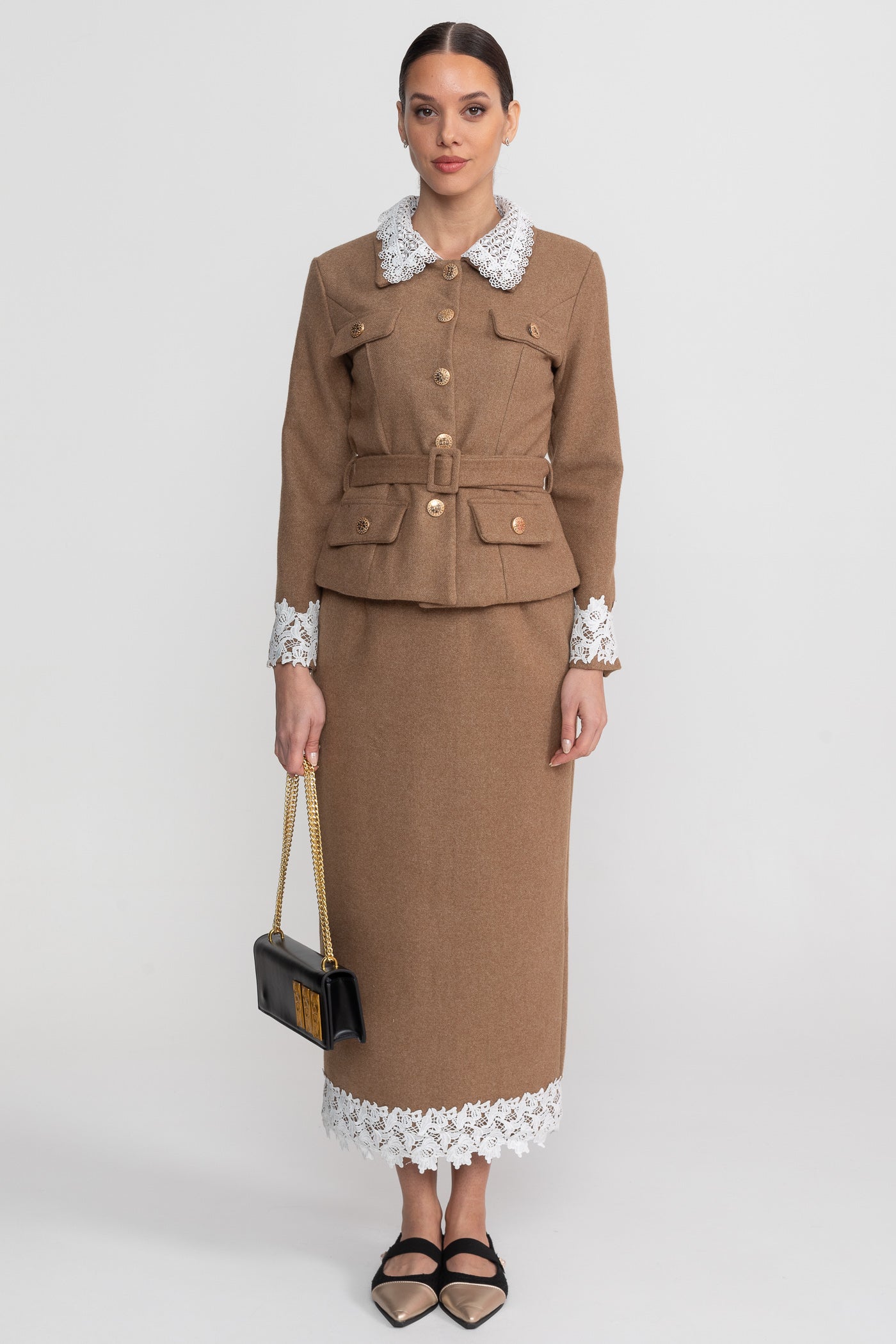 Tailored Co-Ord Set With Lace Trim Detailing - Camel