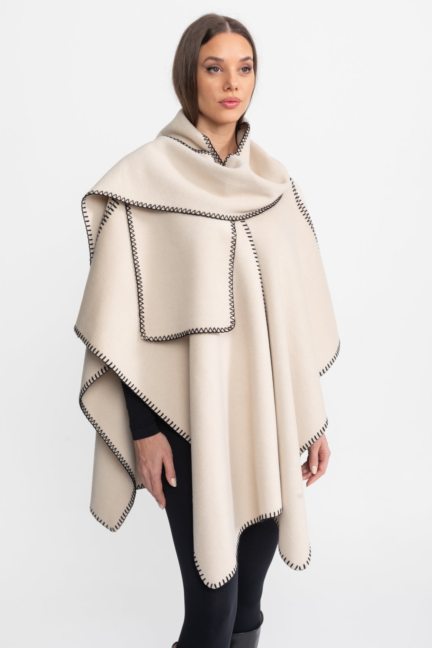 Wool Blend Poncho with Contrast Whipstitch Edging – Ivoire