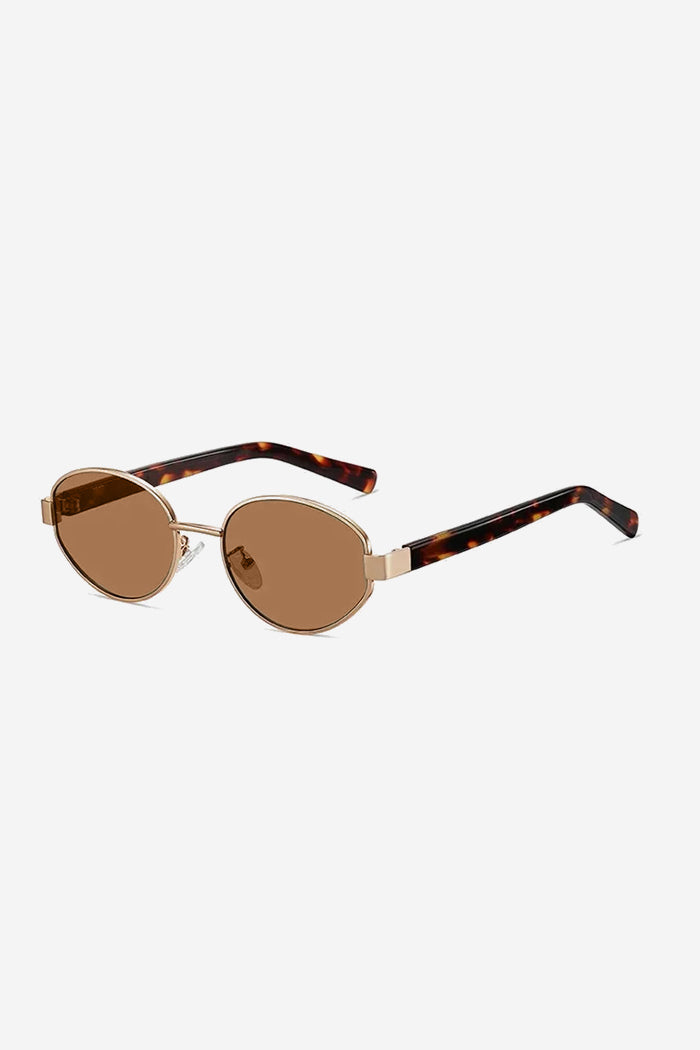 Vintage-Inspired Oval Sunglasses with Slim Gold Frame and Bold Acetate Temples – Brown
