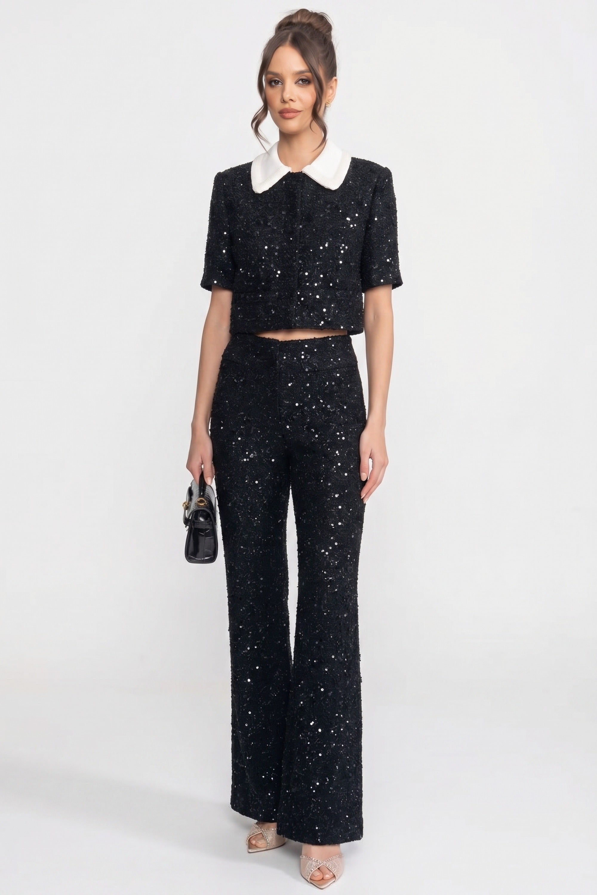 Pantaloni Tweed Wide-Leg Cu Detaliu Din Paiete - Negru 
