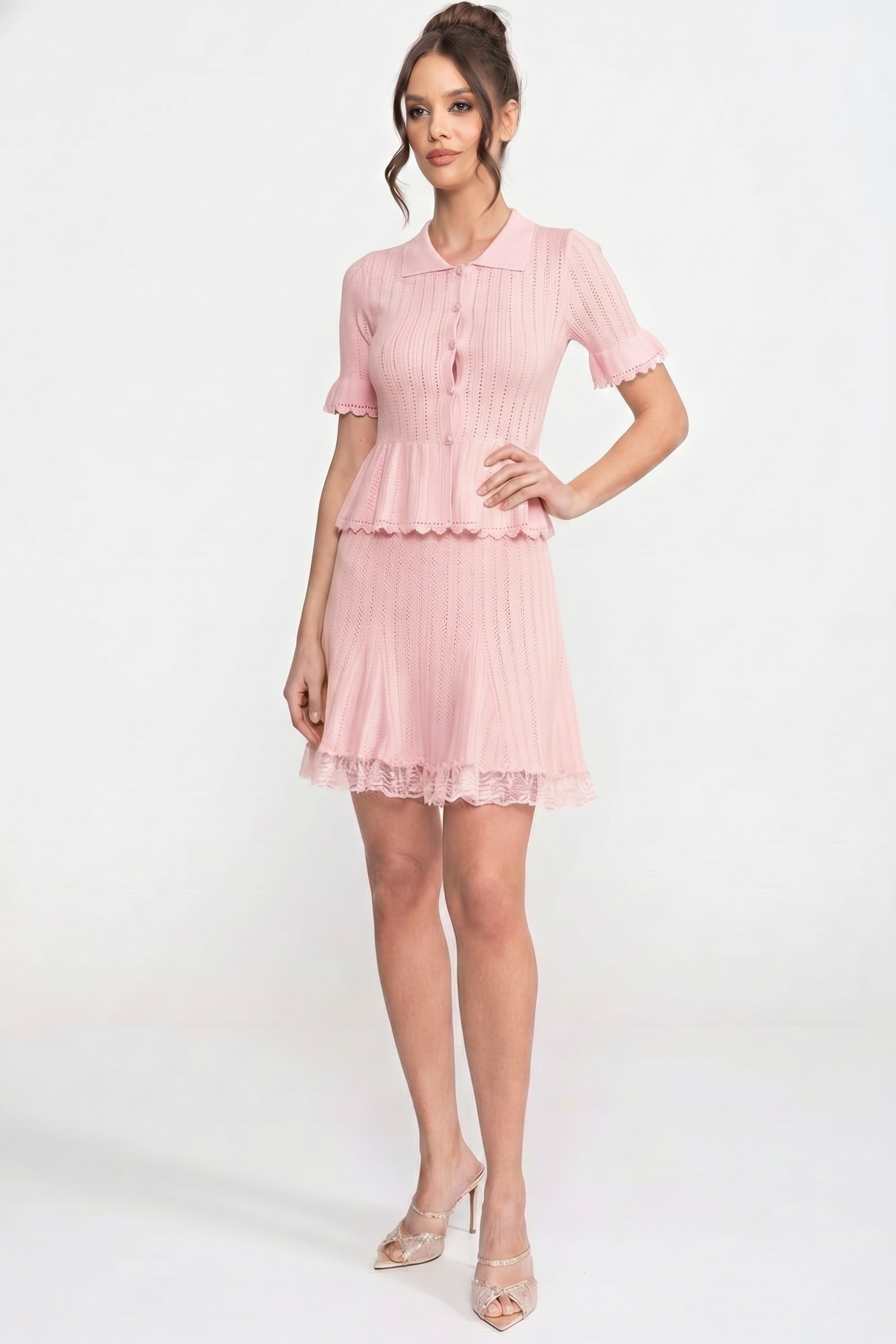 Rochie mini tricotată peplum cu guler Peter Pan și tiv din dantelă - roz 