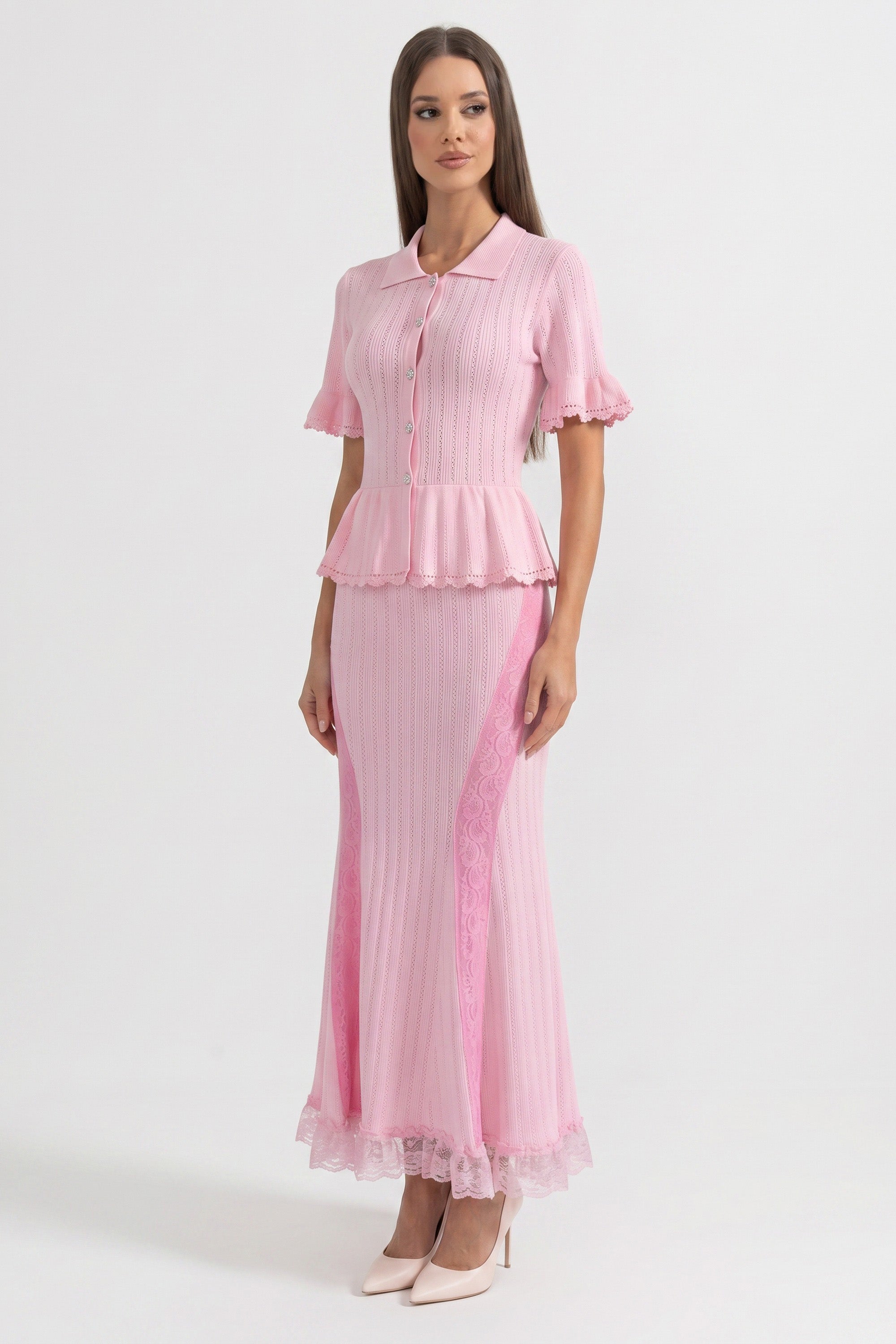 Rochie maxi tricotată peplum cu guler Peter-Pan și tiv din dantelă - Pink 