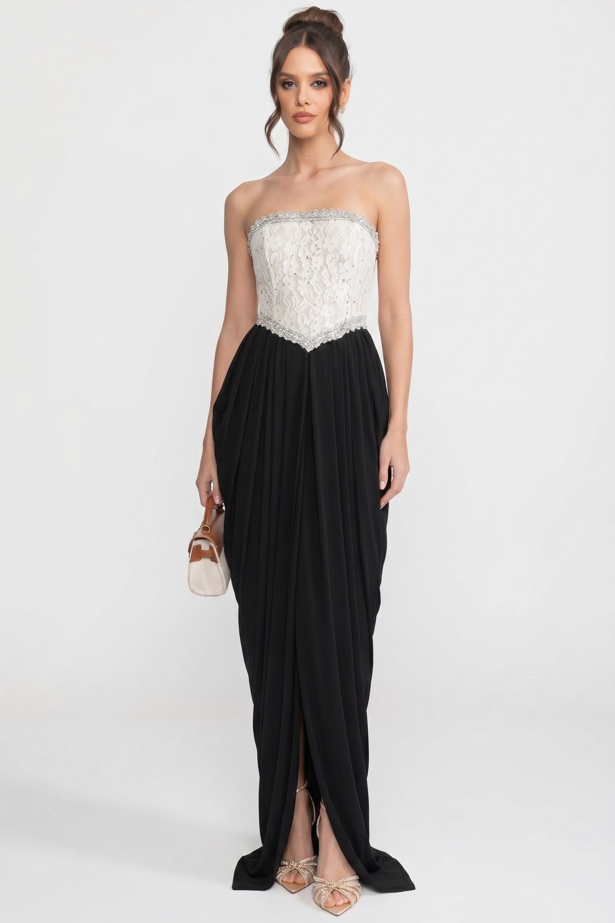 Rochie fără bretele cu corset 3D floral și fustă neagră drapată - Alb+Negru 