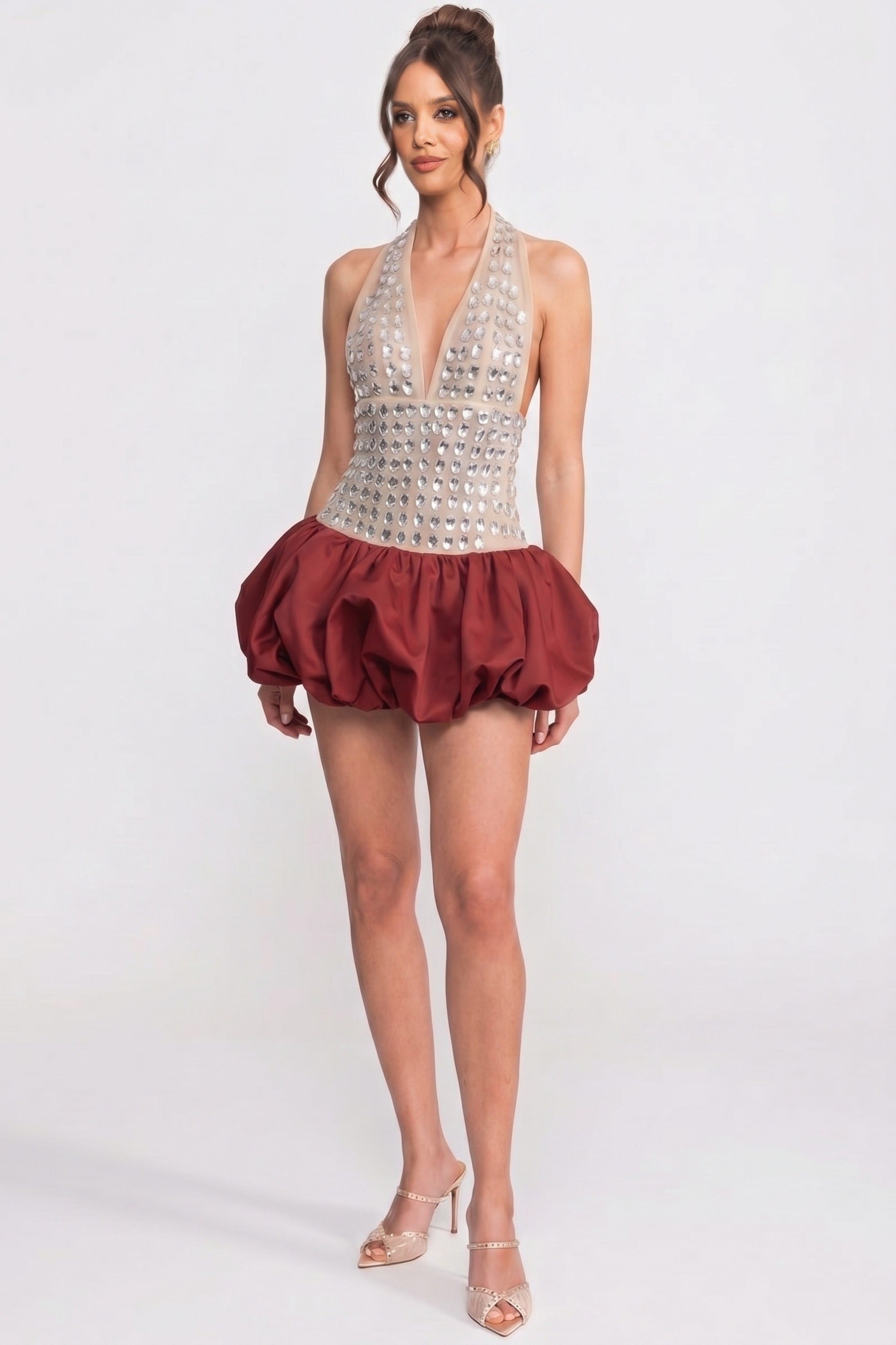 Rochie mini halter cu aplicații de cristale și fustă bubble - Roșu 