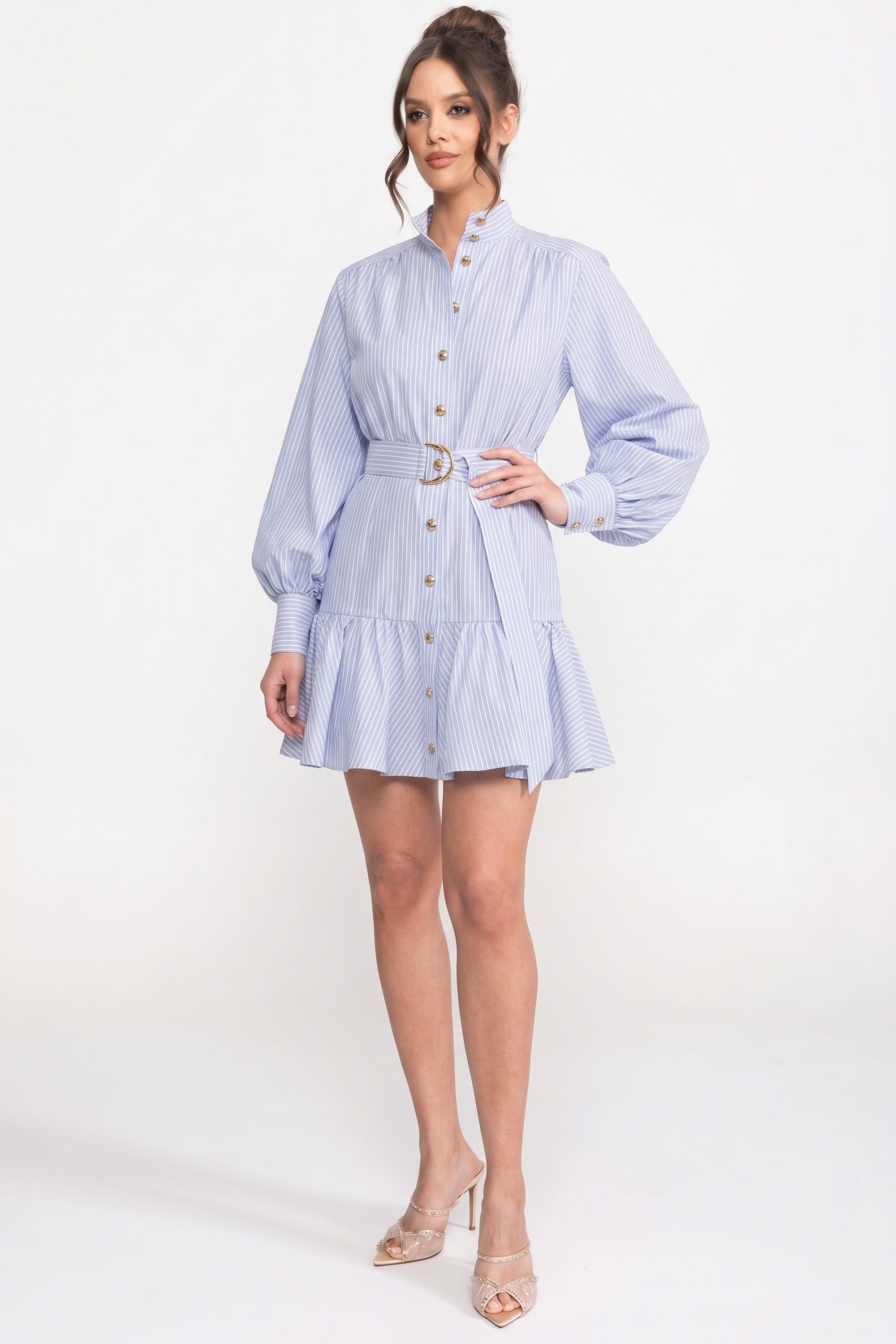 Striped Belted Mini Dress With High Neck And Balloon Sleeves - Blue