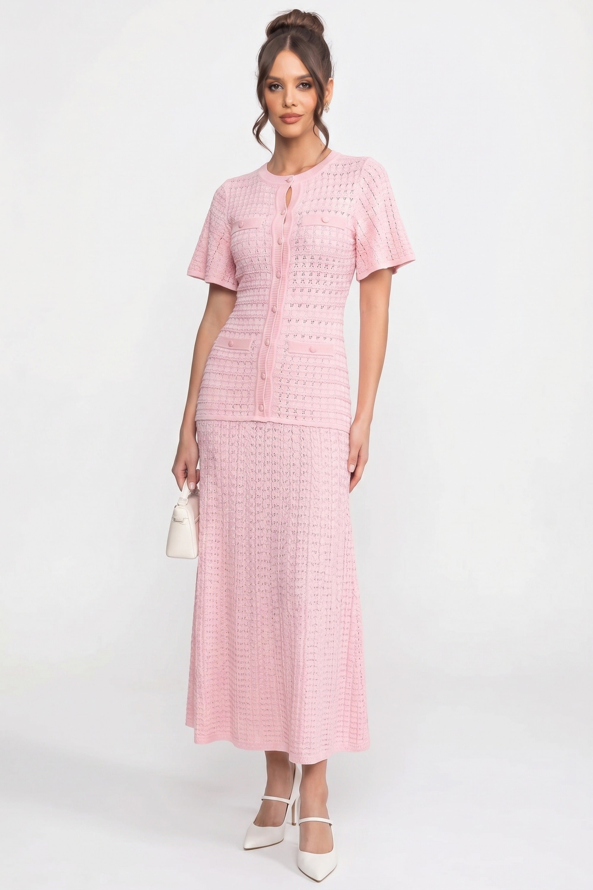 Rochie midi cu mânecă scurtă și textură tricotată cu efect strălucitor - roz 