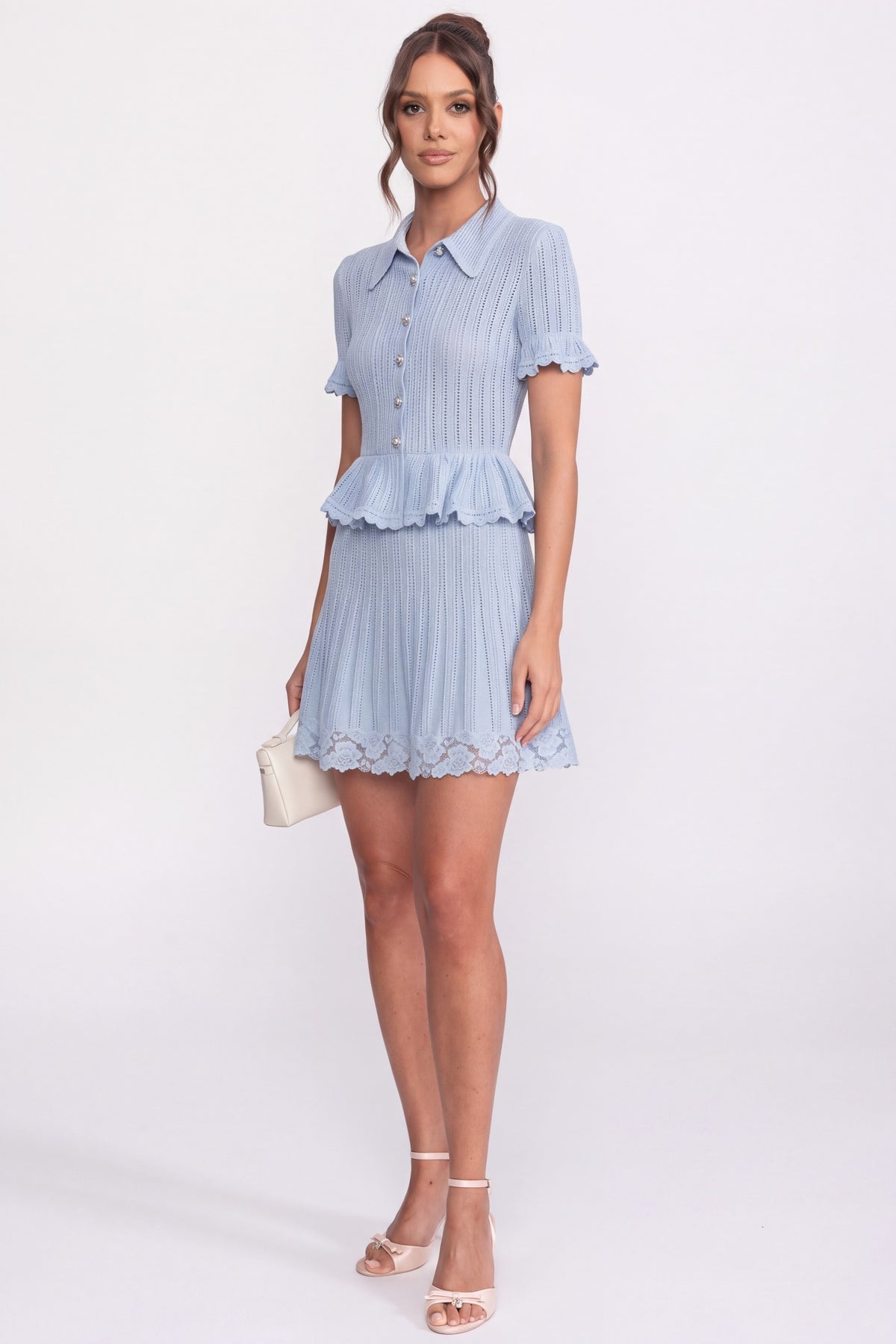 Set cu top cu guler polo și nasturi și mini fustă - Albastru 