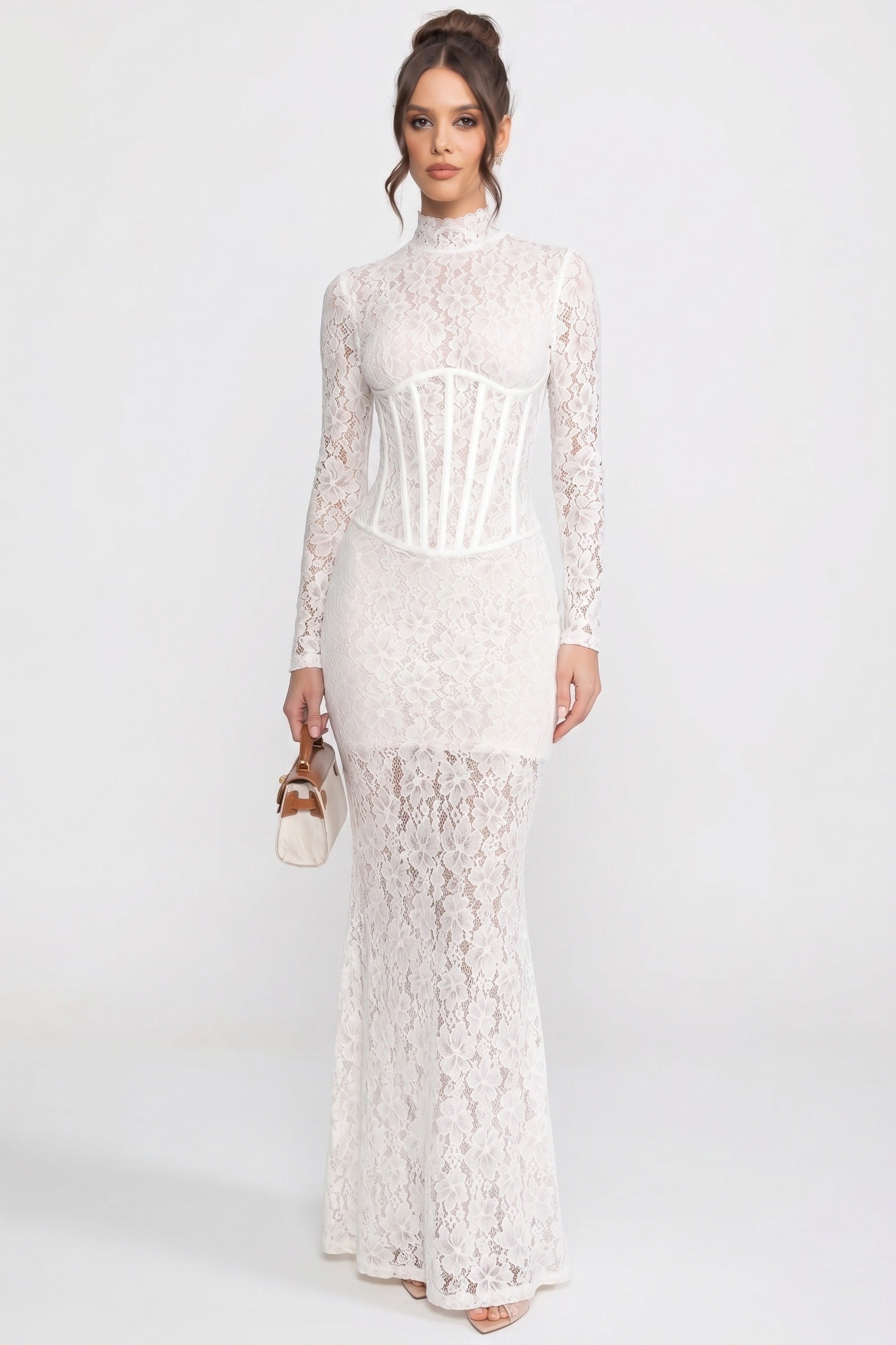 High-Neck Long-Sleeve Lace Maxi Dress With Column Silhouette - White