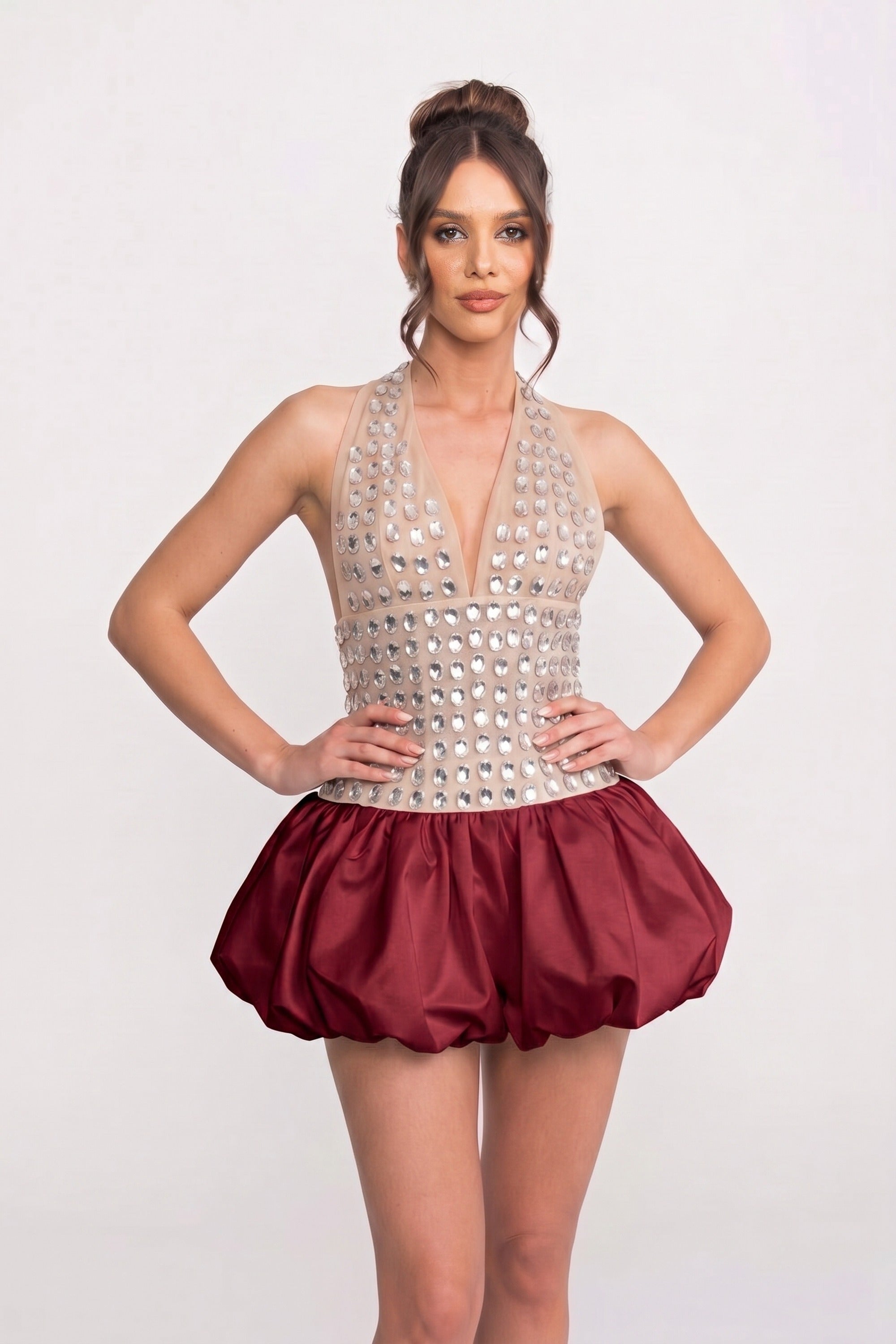 Rochie mini halter cu aplicații de cristale și fustă bubble - Roșu 