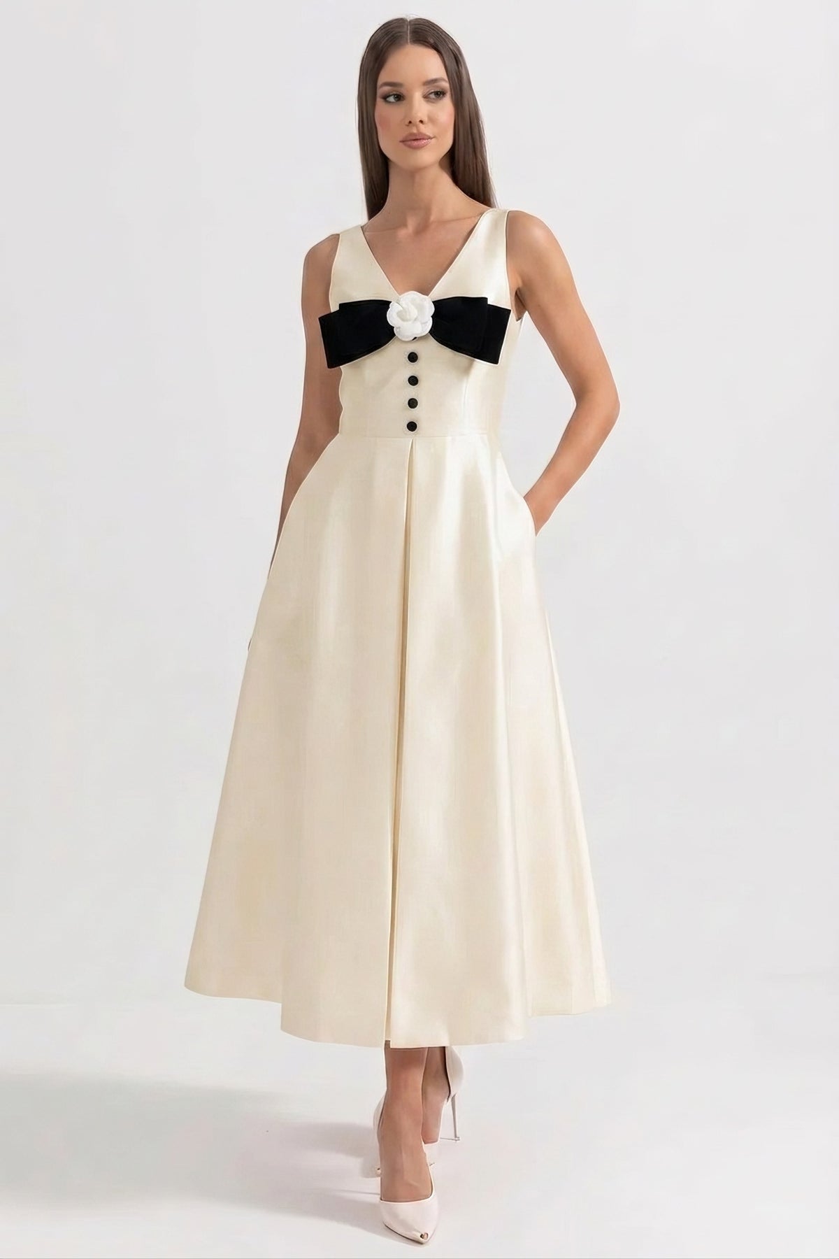 Halter Neck Maxi Dress With Black Bow Bustline And Button Front - Ivories