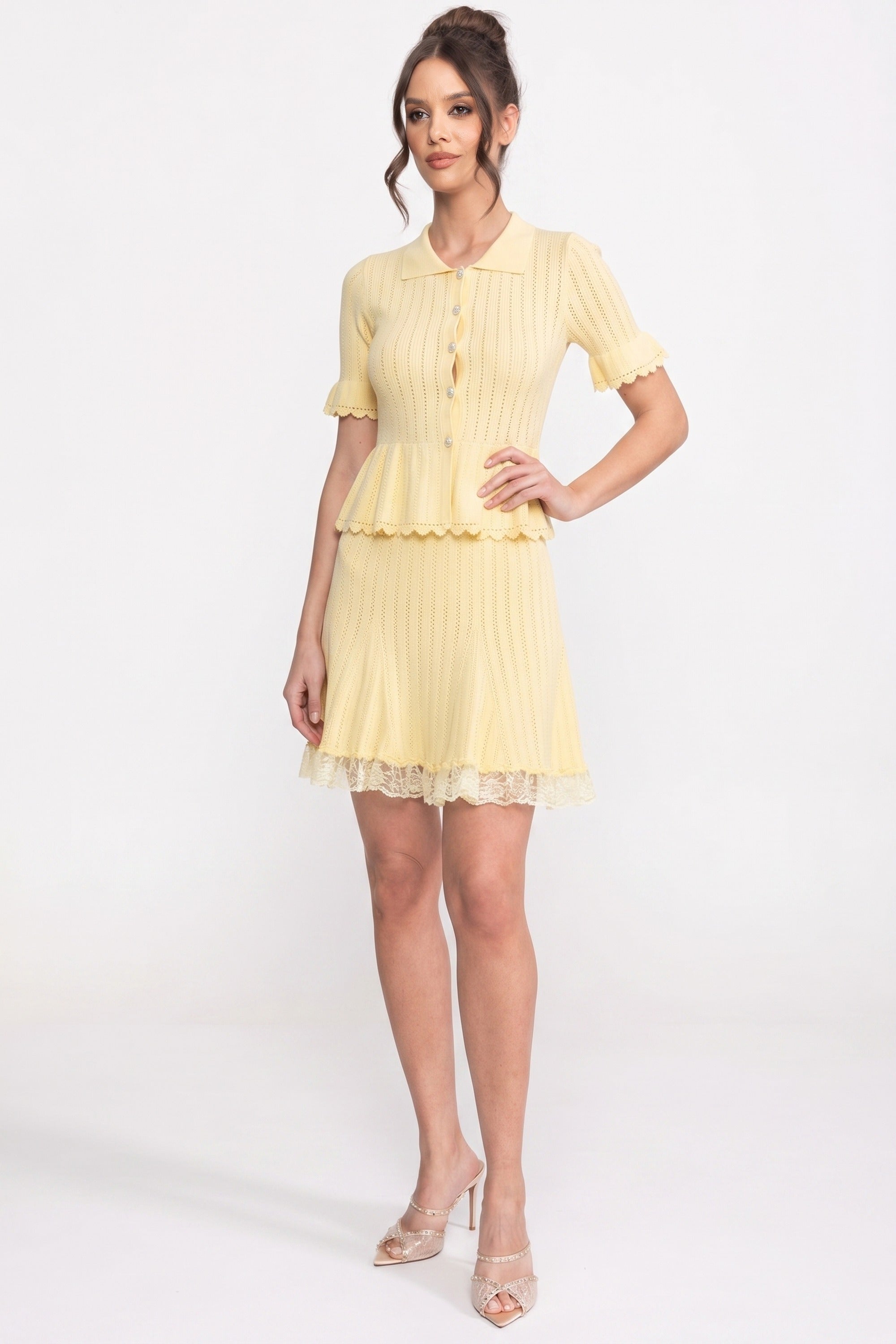 Rochie mini tricotată Peplum cu guler Peter Pan și tiv din dantelă - Galben 