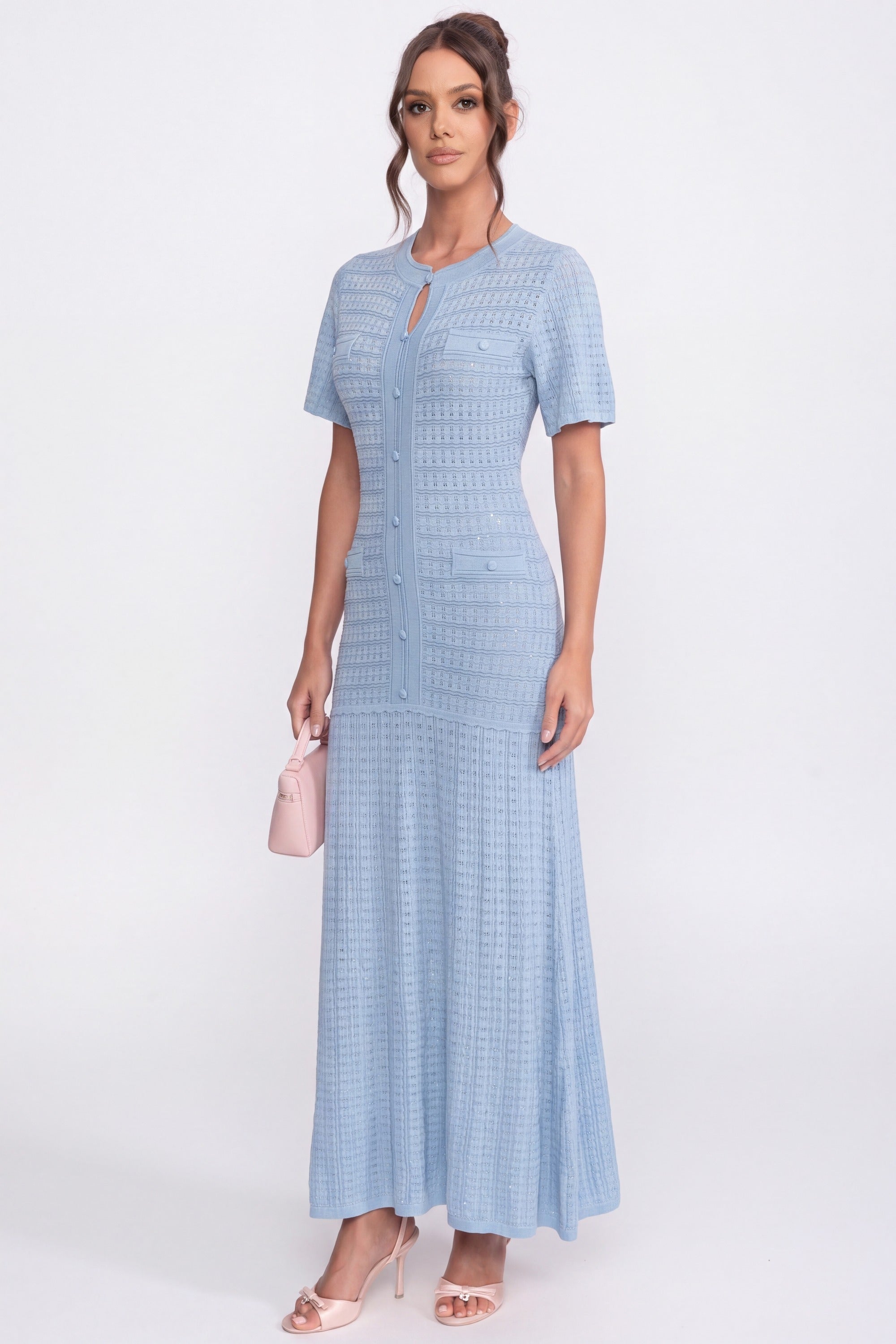 Rochie midi cu mânecă scurtă și textură tricotată strălucitoare - Light Blue 
