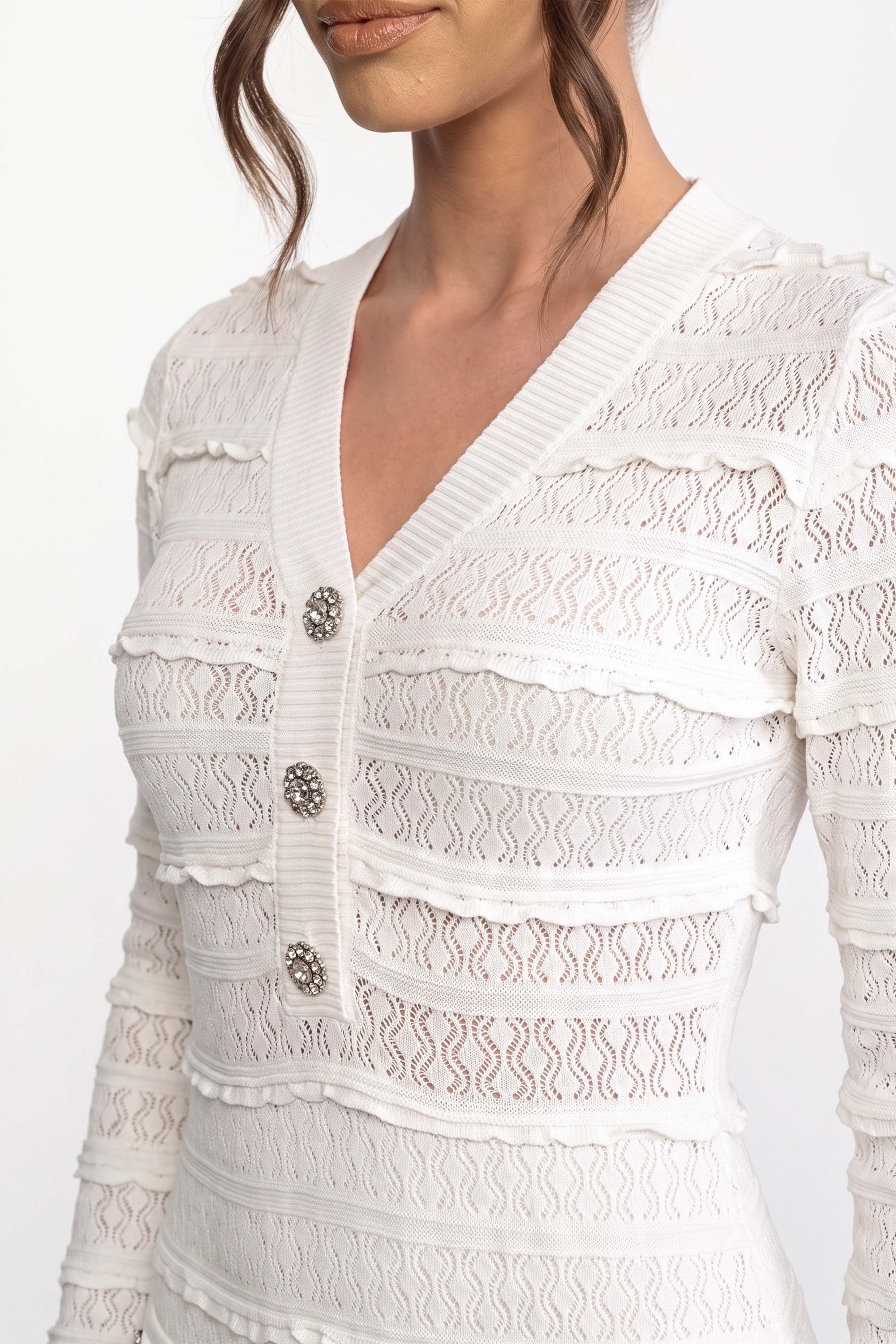 Rochie tricotată fit-and-flare cu închidere frontală pe nasturi și nasturi cu cristale - Albă 