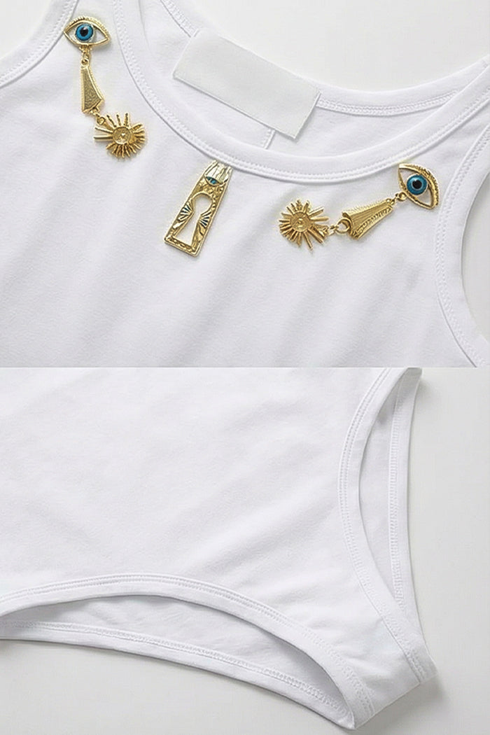 Embellished Scoop-Neck Bodysuit with Gold Charms – White
