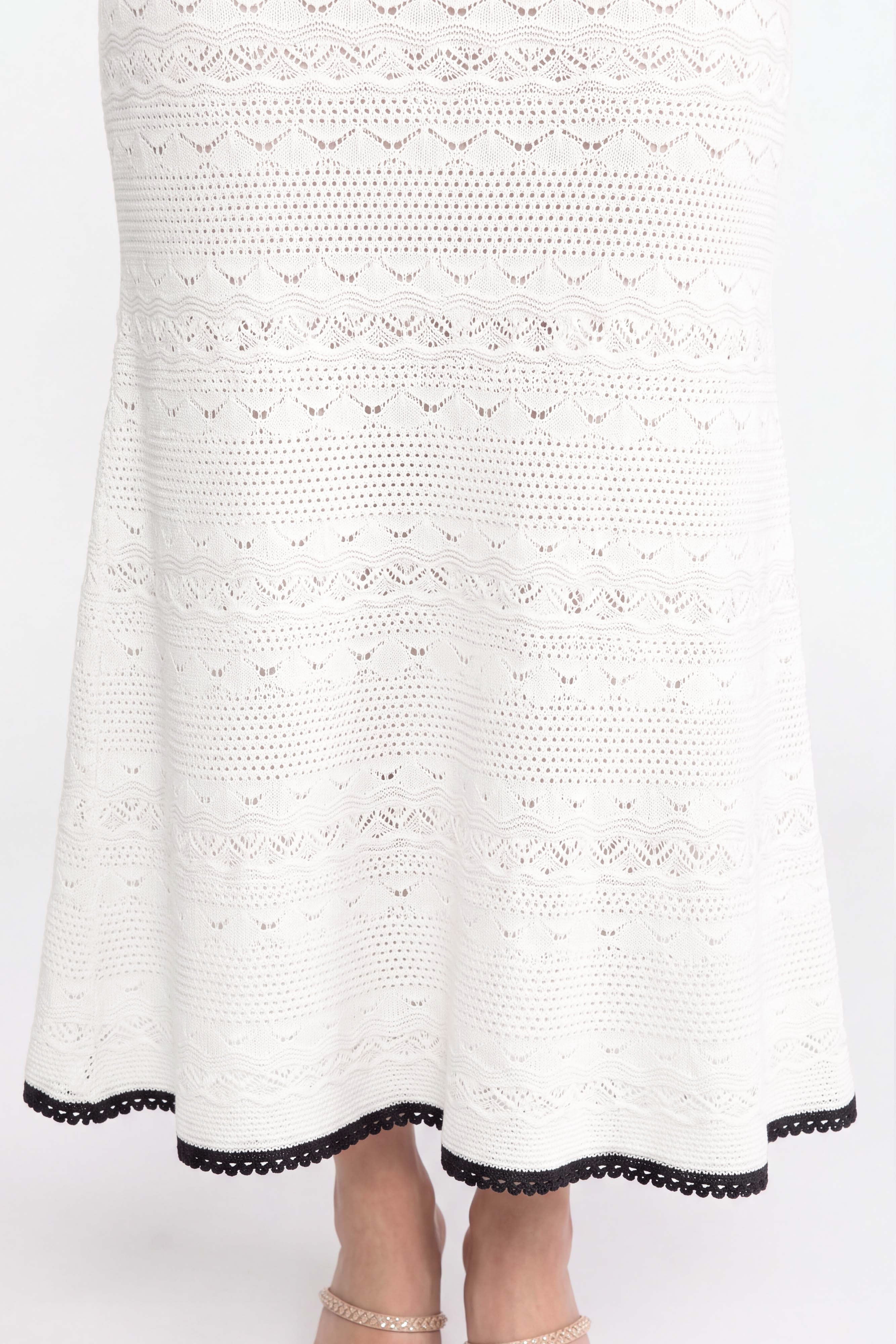 Crochet Knit Midi Dress With Black Trim And Bow - White
