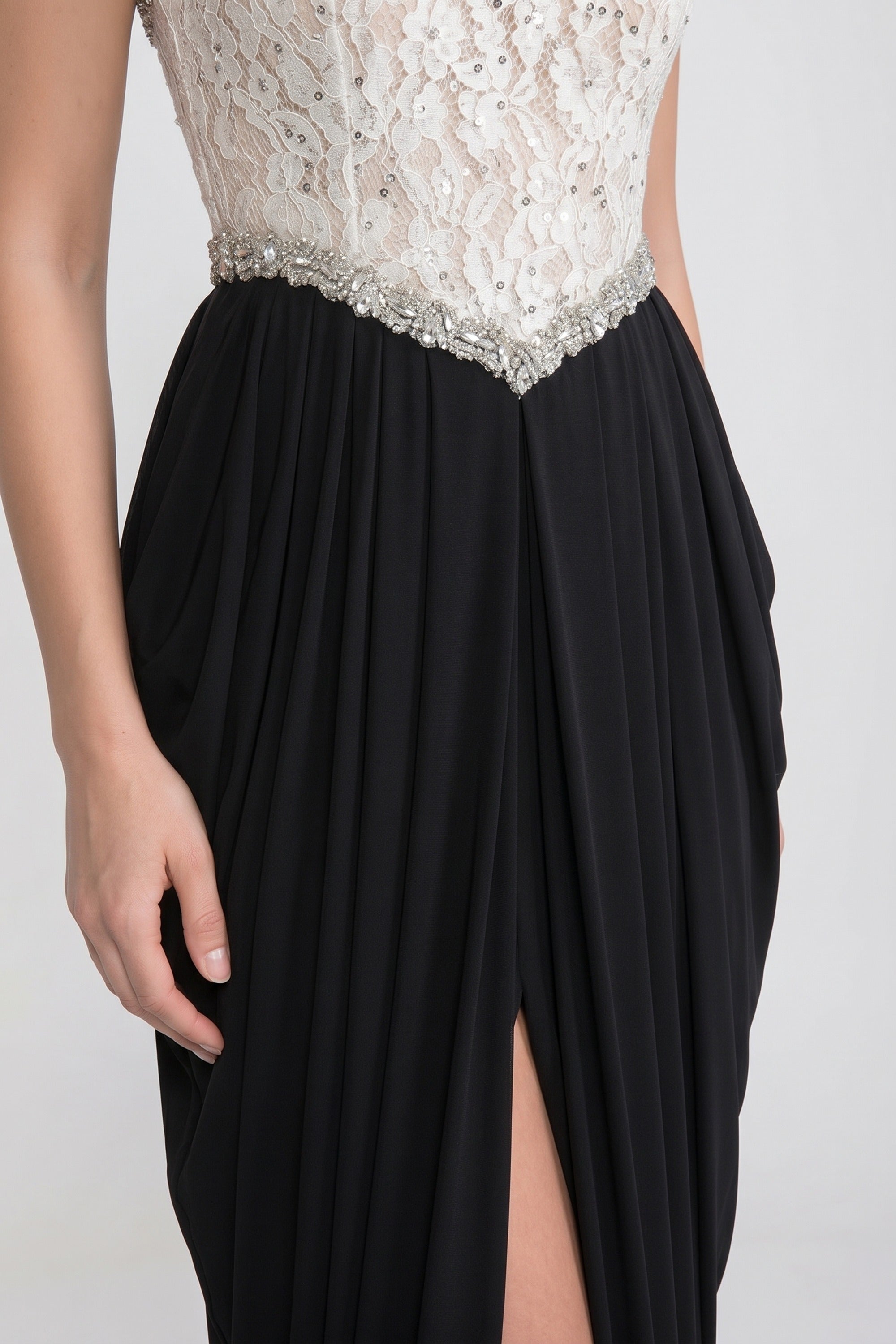Rochie fără bretele cu corset 3D floral și fustă neagră drapată - Alb+Negru 