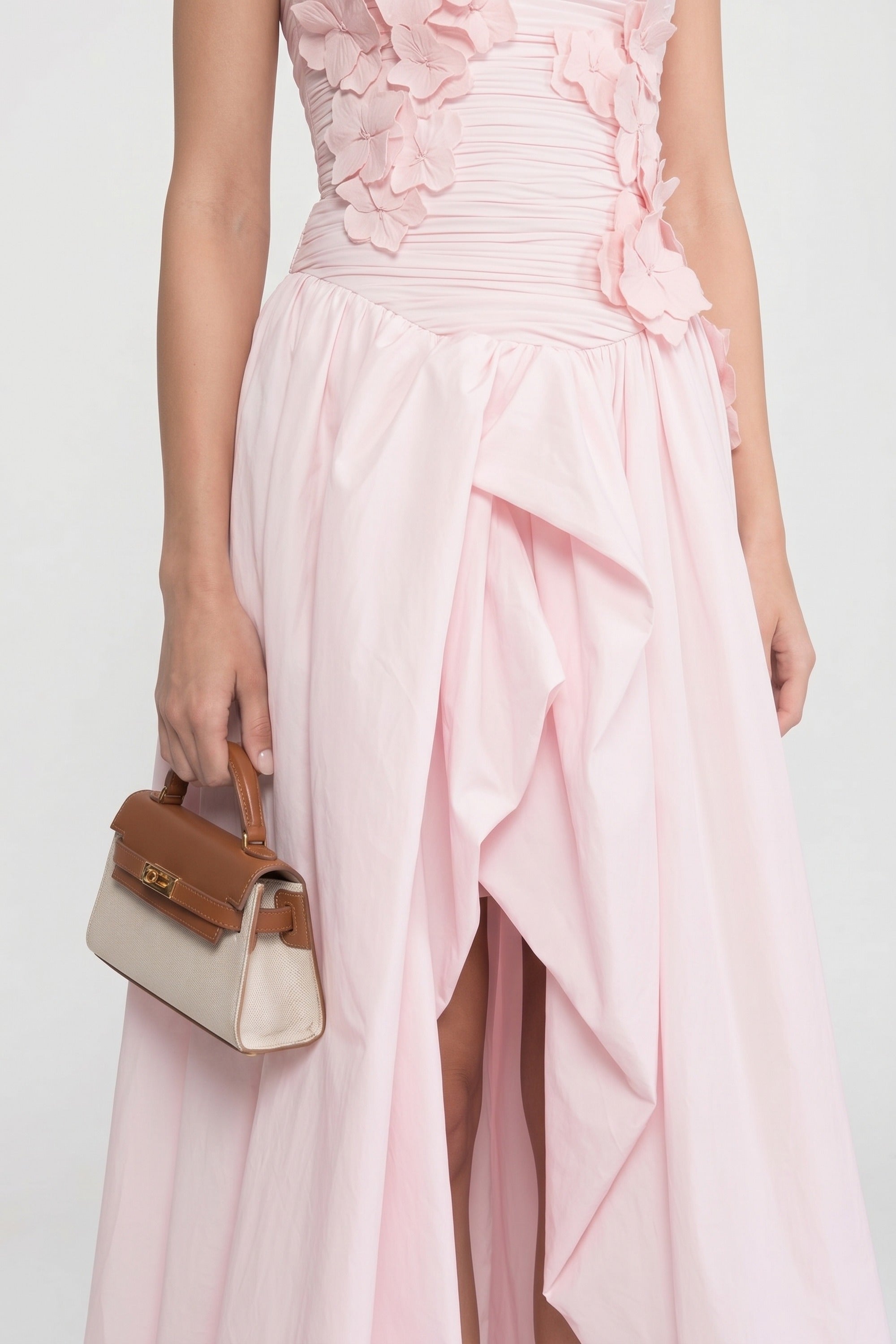 Rochie tip ballgown fără bretele, cu corsaj floral 3D și fustă amplă - Pink 