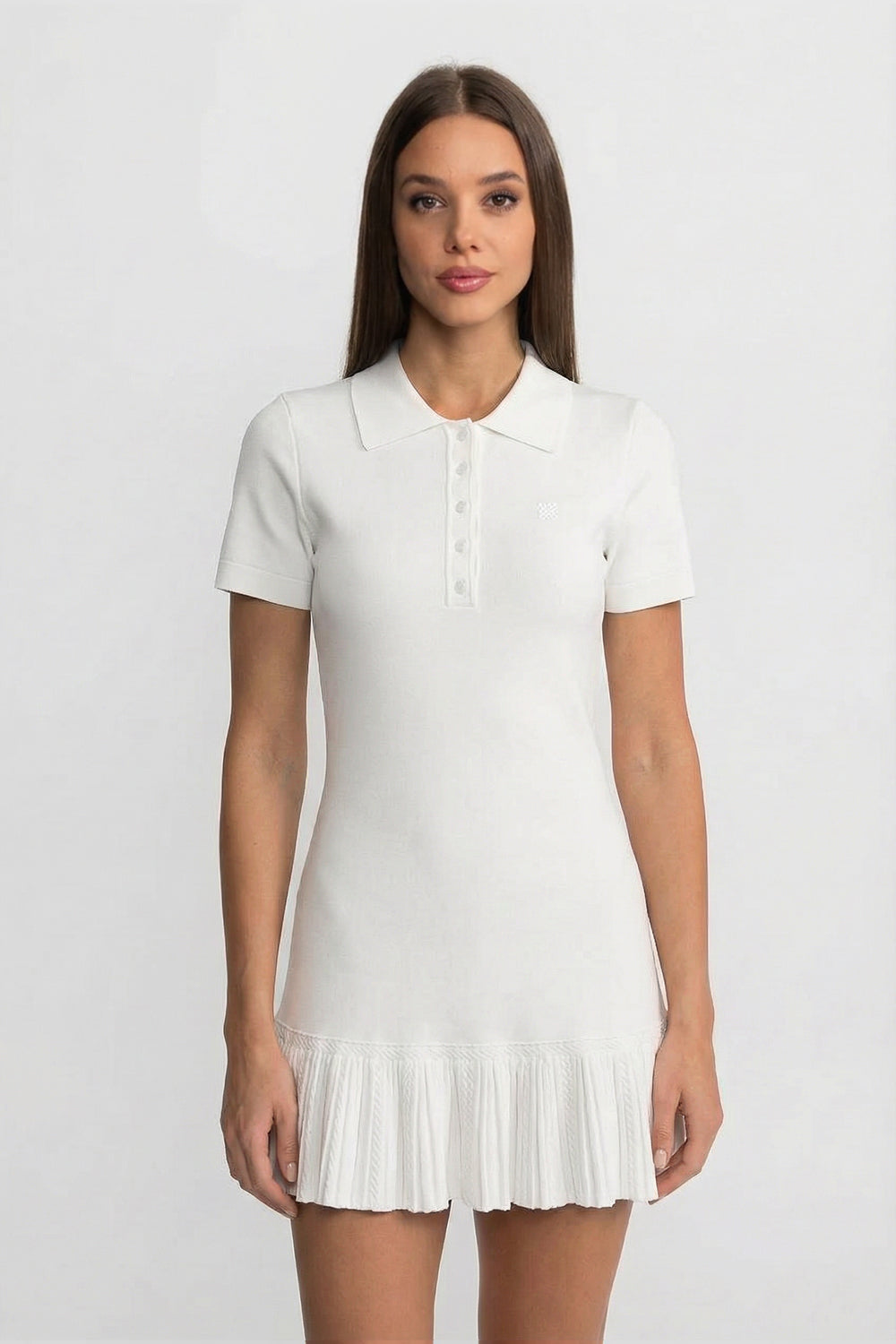 Rochie Mini Polo cu Mâneci Scurte și Tiv Plisat cu Volane - Alb 