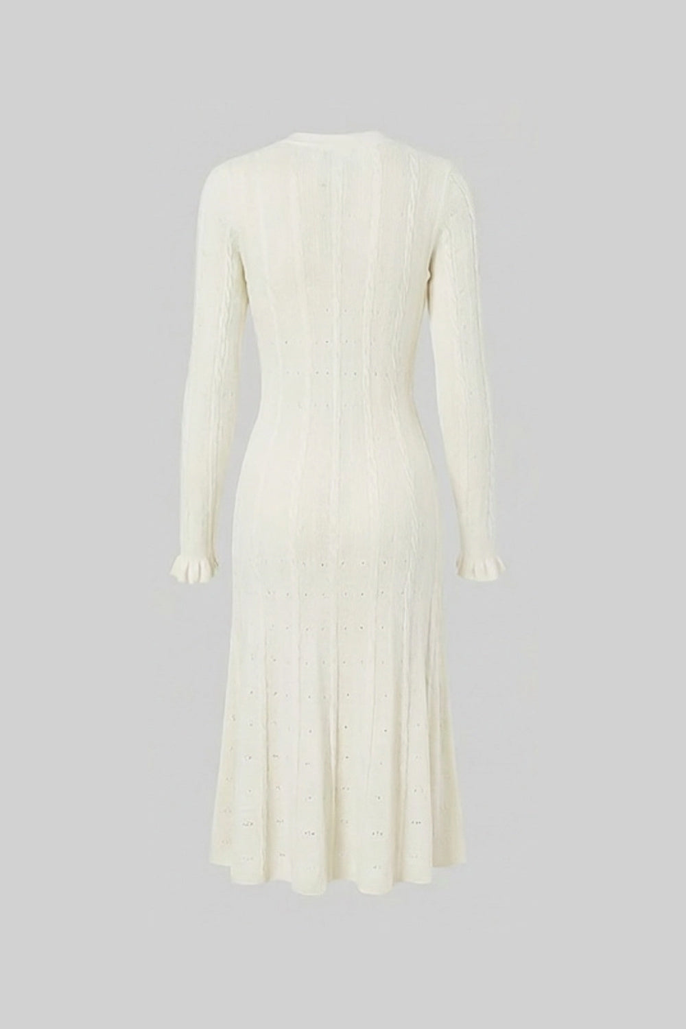 Rochie midi tricotată cu nasturi în față și detalii pointelle – Ivoire 