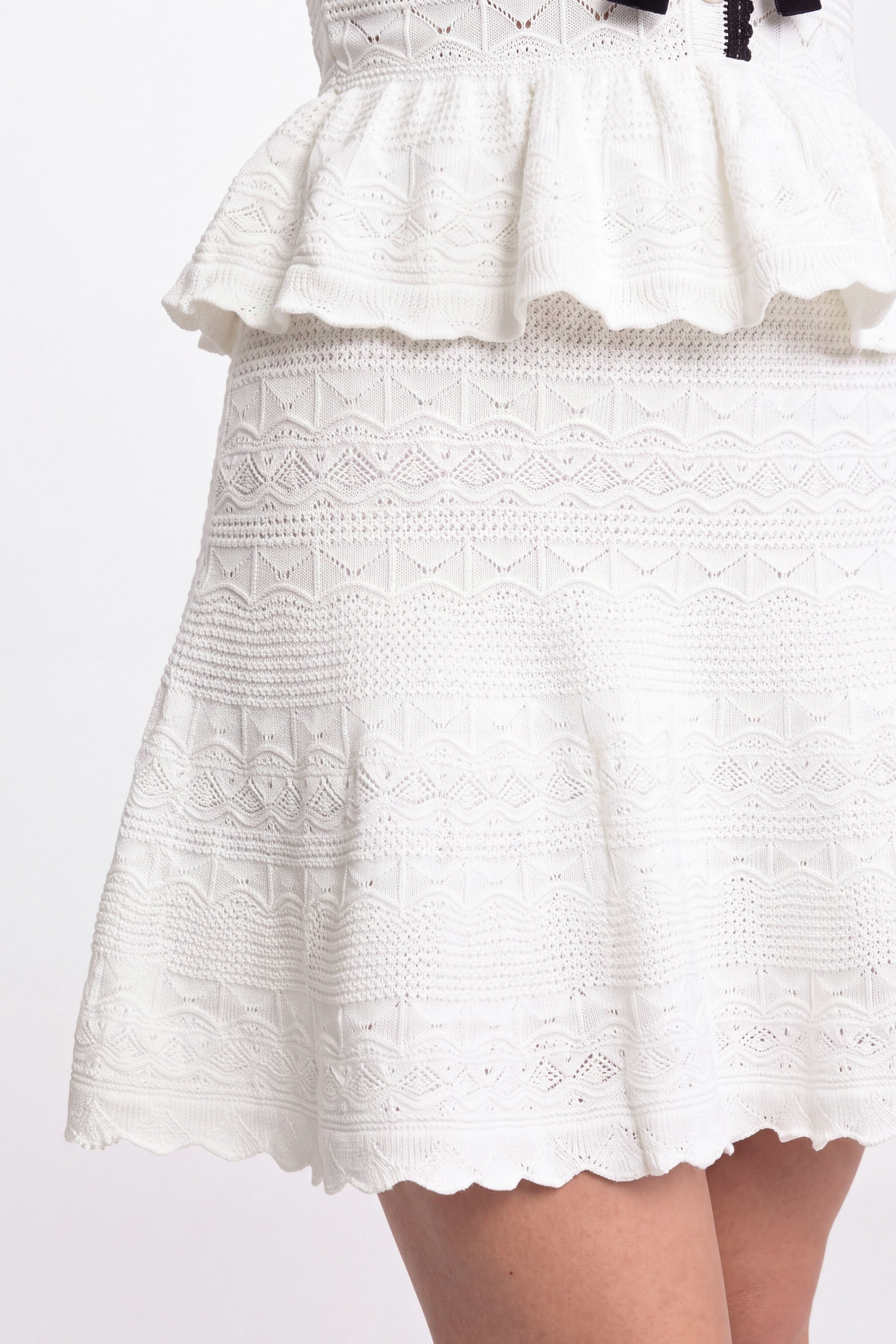 Peplum Knit Mini Dress With Contrast Trim And Bow - White