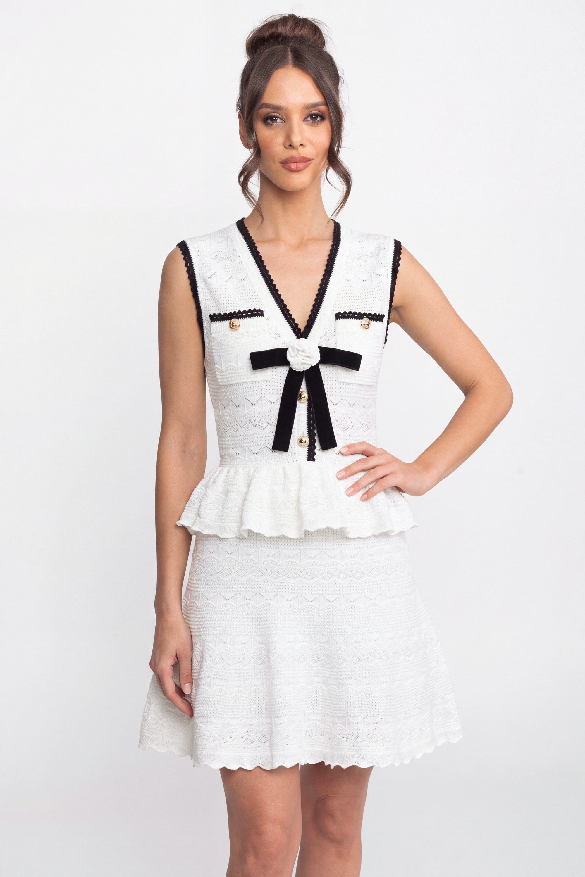 Peplum Knit Mini Dress With Contrast Trim And Bow - White