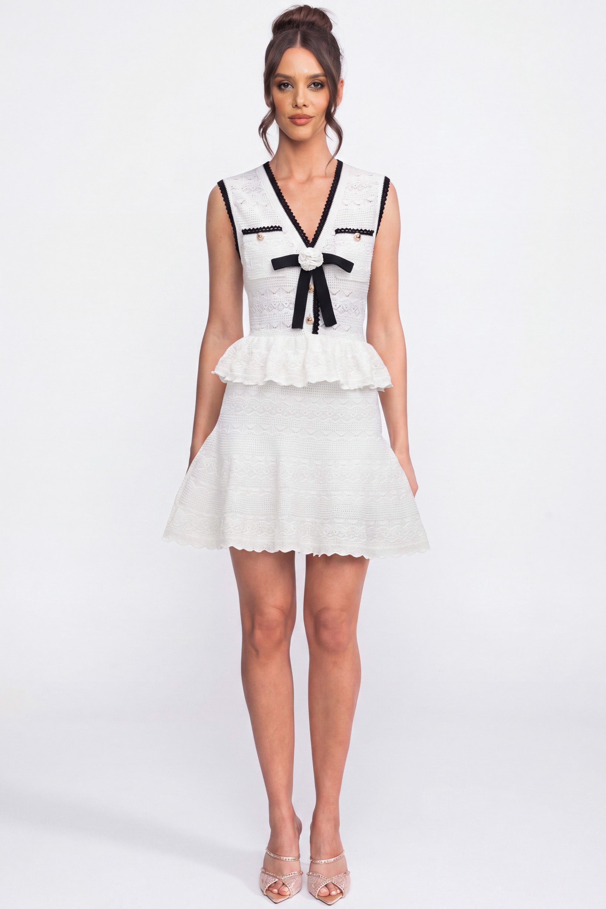 Peplum Knit Mini Dress With Contrast Trim And Bow - White