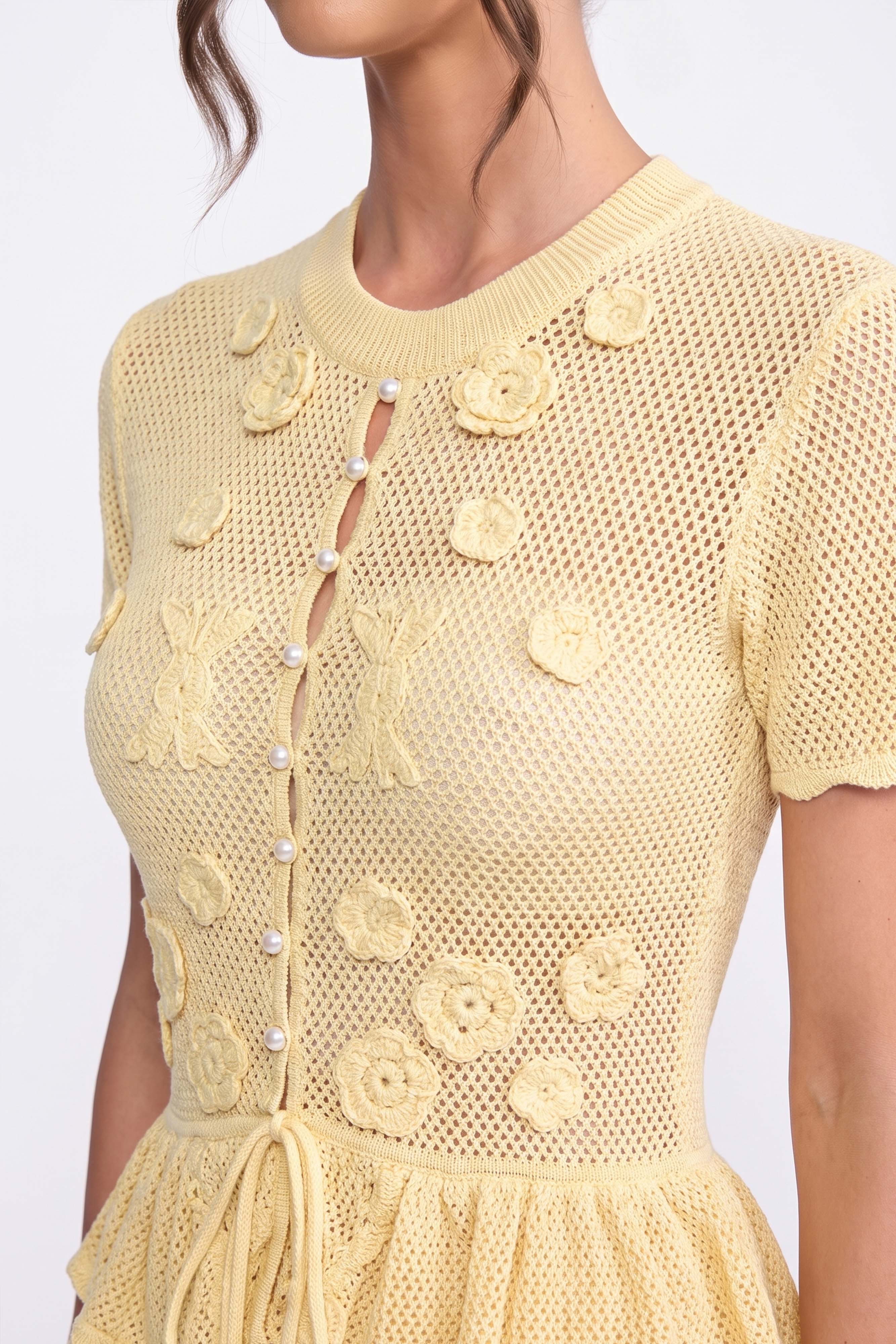 Floral Crochet Peplum Mini Dress With Drawstring Waist - Yellow