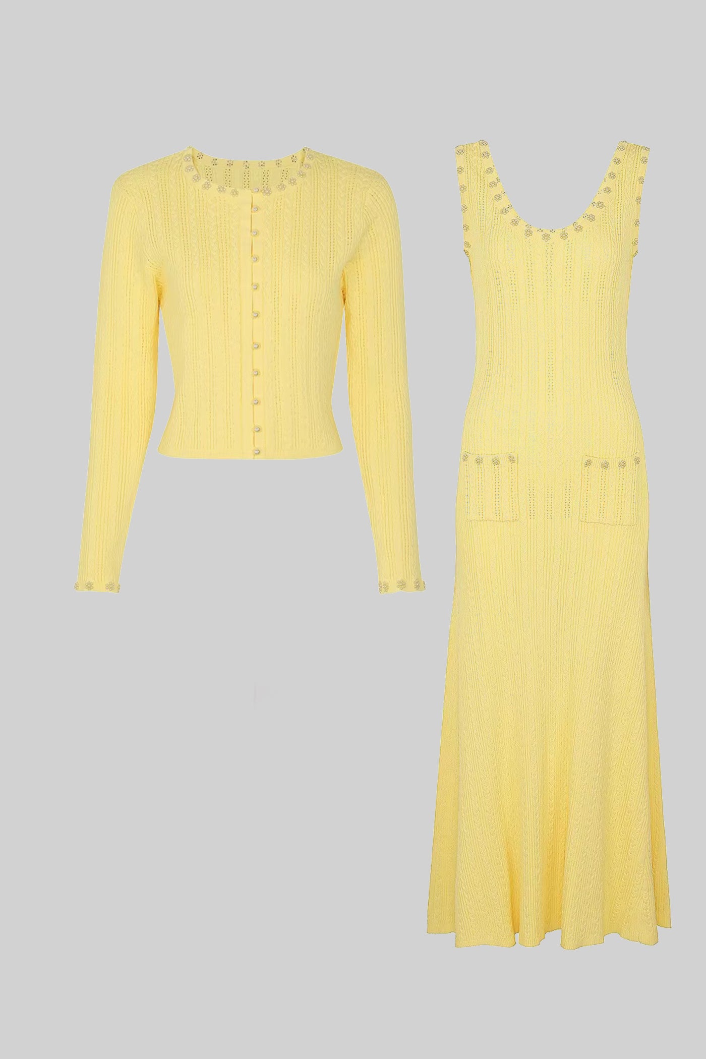 Set Rochie Tricotată cu Dungi și Cardigan cu Detalii de Nasturi din Perle - Galben 