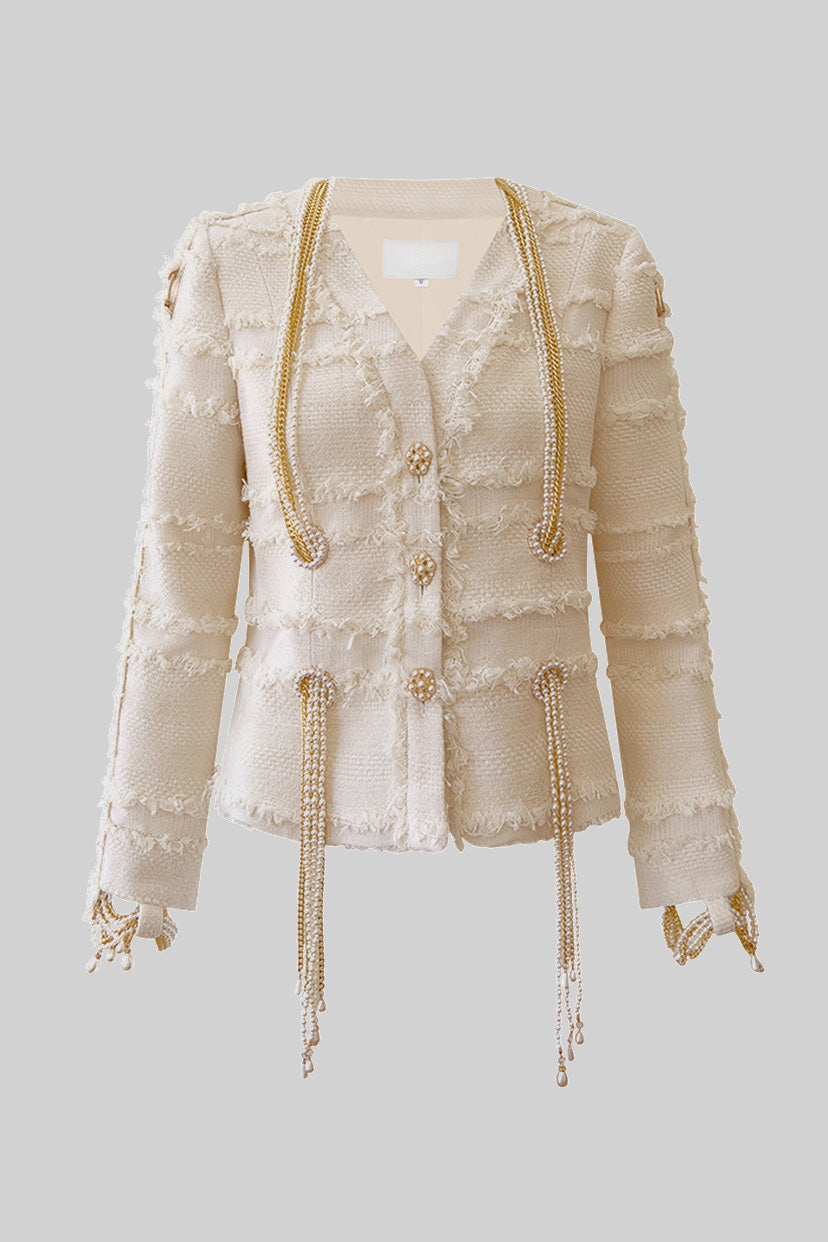 Sacou din tweed cu lanț de perle - Bej 